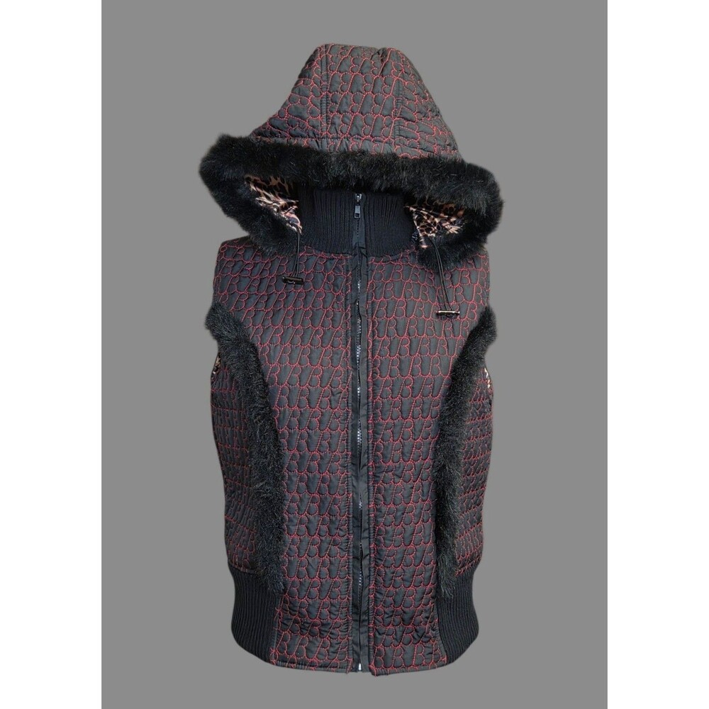 Betsey Johnson Vest Womens One Size Black Quilted Faux Fur Hood Leopard Lining
